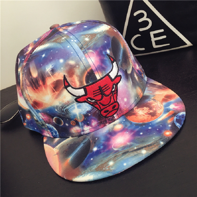 梦幻星空银河系公牛刺绣平沿棒球帽 春夏潮男女街舞嘻哈帽滑板帽