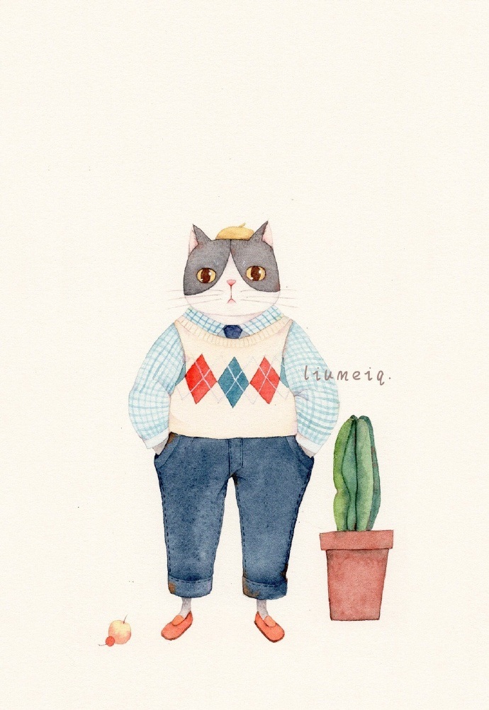 猫咪 水彩 插画@__刘美丽