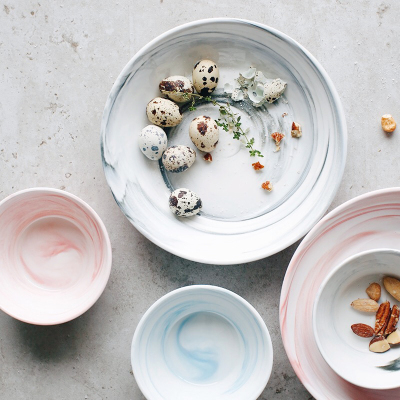 蓝莲花大理石纹釉下彩陶瓷餐盘深盘饭盘饭碗沙拉碗创意北欧家用