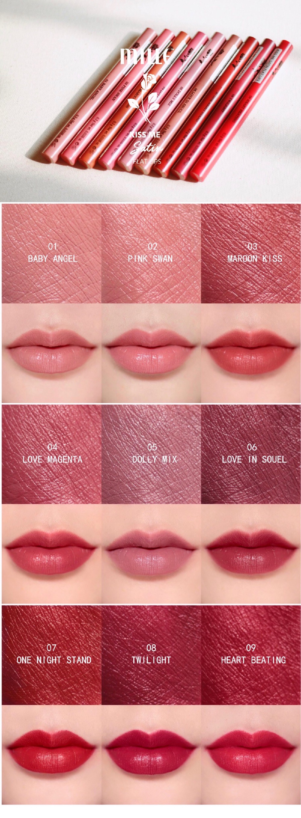 #试色# MILLE 迷乐 KISS ME Satin FLAT LIPS 自动唇膏笔系列 全试色 泰国品牌新出的唇膏笔#色号图里有