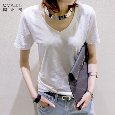 omaliss简约竹节棉白色休闲T恤女V领短袖修身纯色显瘦体恤女