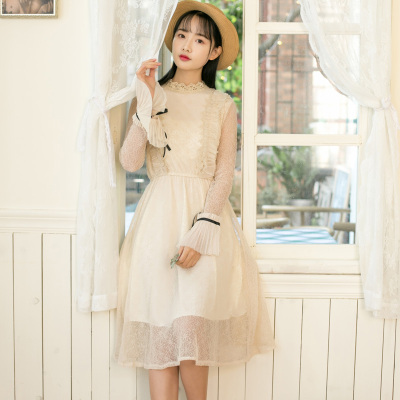 森活铺2018春季花边立领甜美仙女中长裙在女喇叭袖蕾丝连衣裙