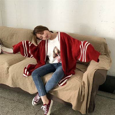 kumayes 春装撞色条纹V领宽松大版开衫毛线衫外套学院风针织衫女