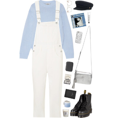 A fashion look from March 2018 featuring blue sweater, white jumpsuit and motorcycle boots. Browse and shop related looks.