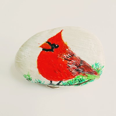 我的石头画作品 红衣主教鸟
