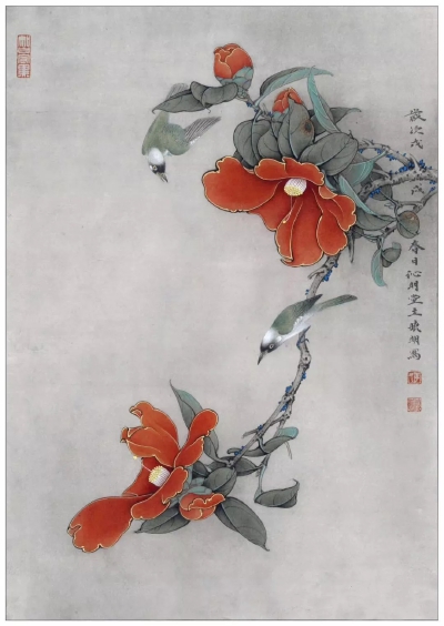 茶花白头图