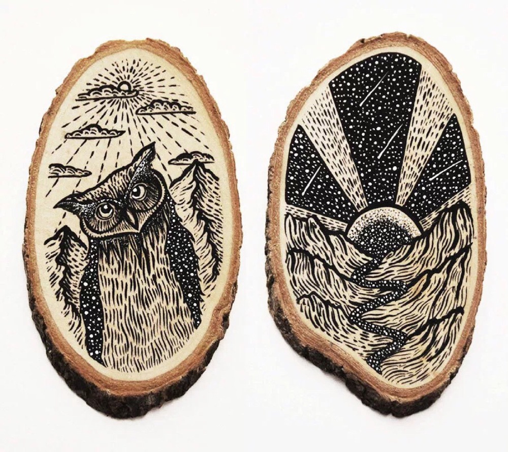 在木片上绘画的过程中
用到丙烯、水粉等各种工具
描绘出一幅幅自然景色
而且木块本身的纹理也给作品带来特殊的效果