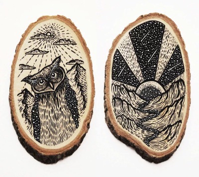 在木片上绘画的过程中
用到丙烯、水粉等各种工具
描绘出一幅幅自然景色
而且木块本身的纹理也给作品带来特殊的效果