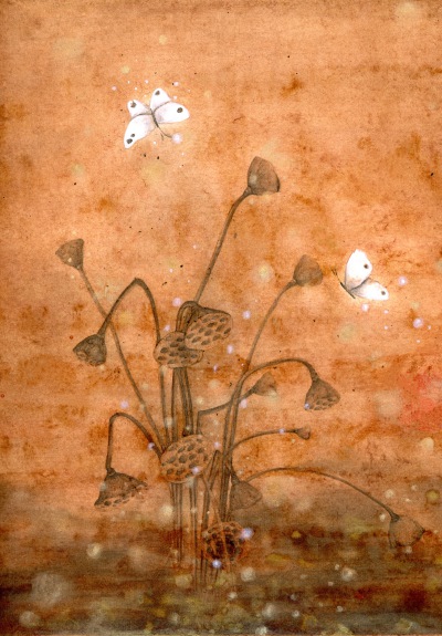 梦·蝶
拖了很久的一张画，今天终于完结。
这张画的背景色全部都是由大麦茶和金粉完成。效果真的意想不到…