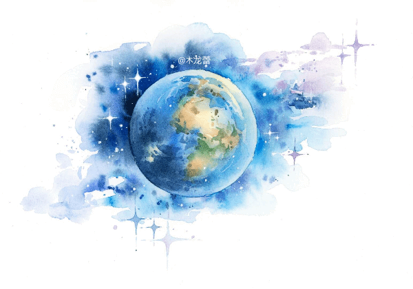 宇宙苍穹，星球转动，星空夜，中秋月，✨️水彩律动，秘境闪烁，斑驳陆离，笔下静谧之眼，送给你星辰云端的蓝色之境。作者:木龙蕾