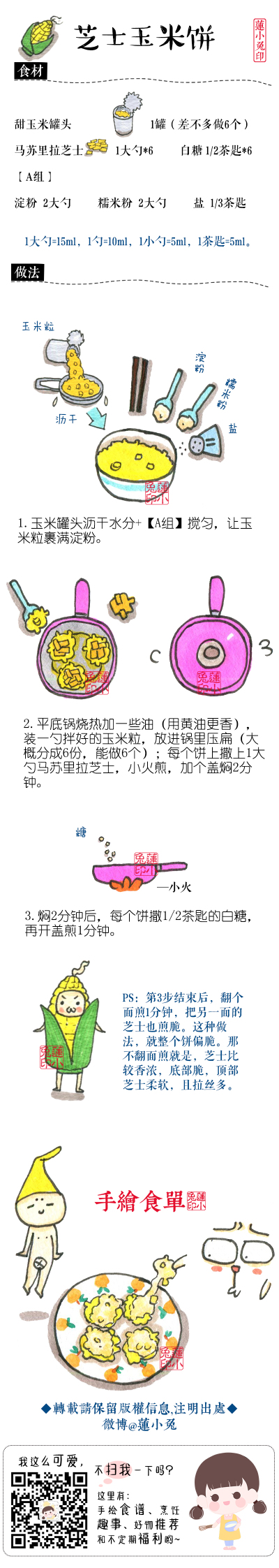 【芝士玉米饼】就是小饼形状的玉米烙，拉丝儿！超级好吃！一口气可以吃3个！这样煎，芝士流到底部会脆脆的！底部芝士脆，上面芝士柔软还会拉丝！
[笑而不语]如果双面都煎，拉丝会少一点，但是整个就比较脆！
也可以…